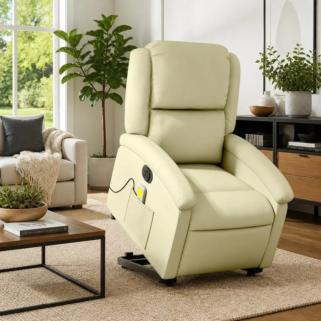 Electric Massage Recliner Chair Power Lift Cream Leather for Elderly