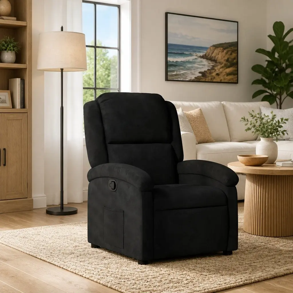 Recliner Chair Manual Adjustable Black Velvet Armchair Lounge Seat with Footrest