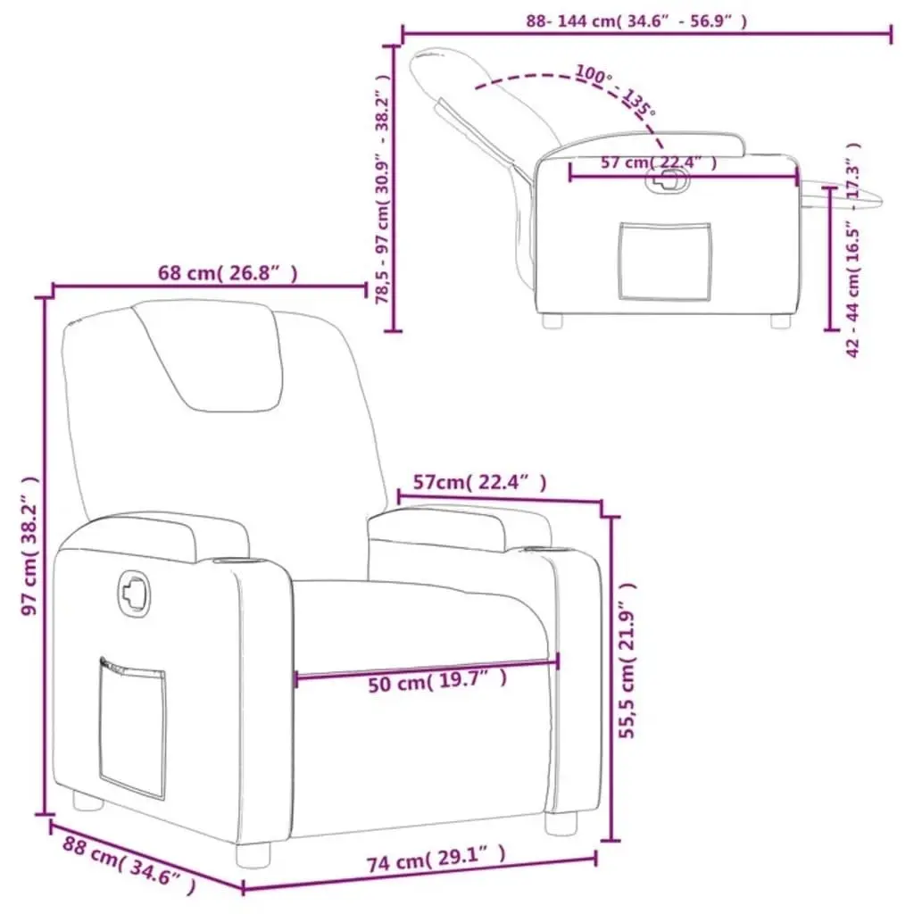 Recliner Chair Grey Fabric Manual Recline Armchair Cup Holders Side Pocket