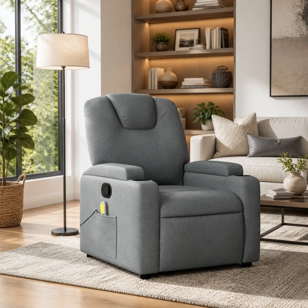 Grey Fabric Massage Recliner Armchair