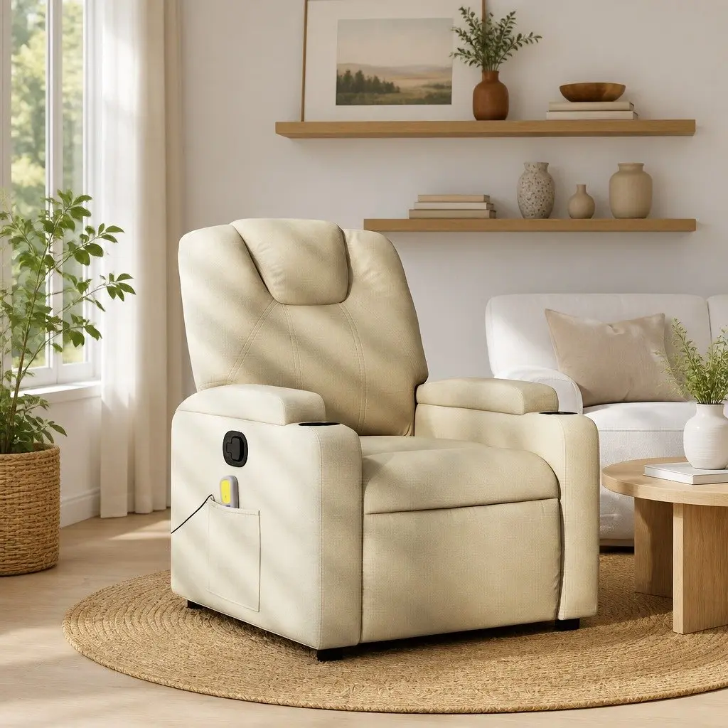Manual Massage Recliner Chair Adjustable 135 Degrees Cream Fabric with Vibration Function