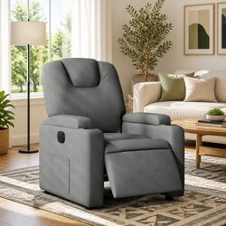 Recliner Chair in Grey Fabric with Convenience Features
