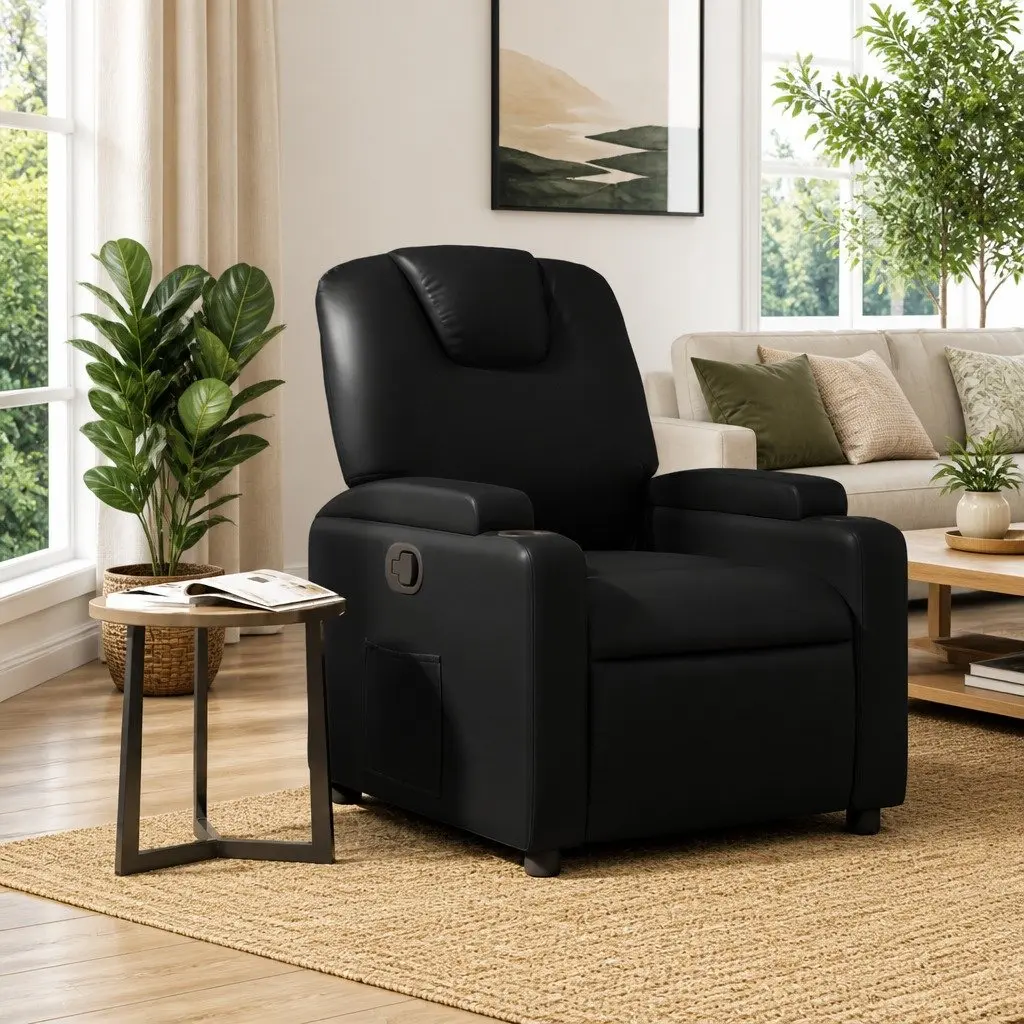 Recliner Chair Manual Reclining Armchair Adjustable Footrest Side Pocket Cup Holders Black