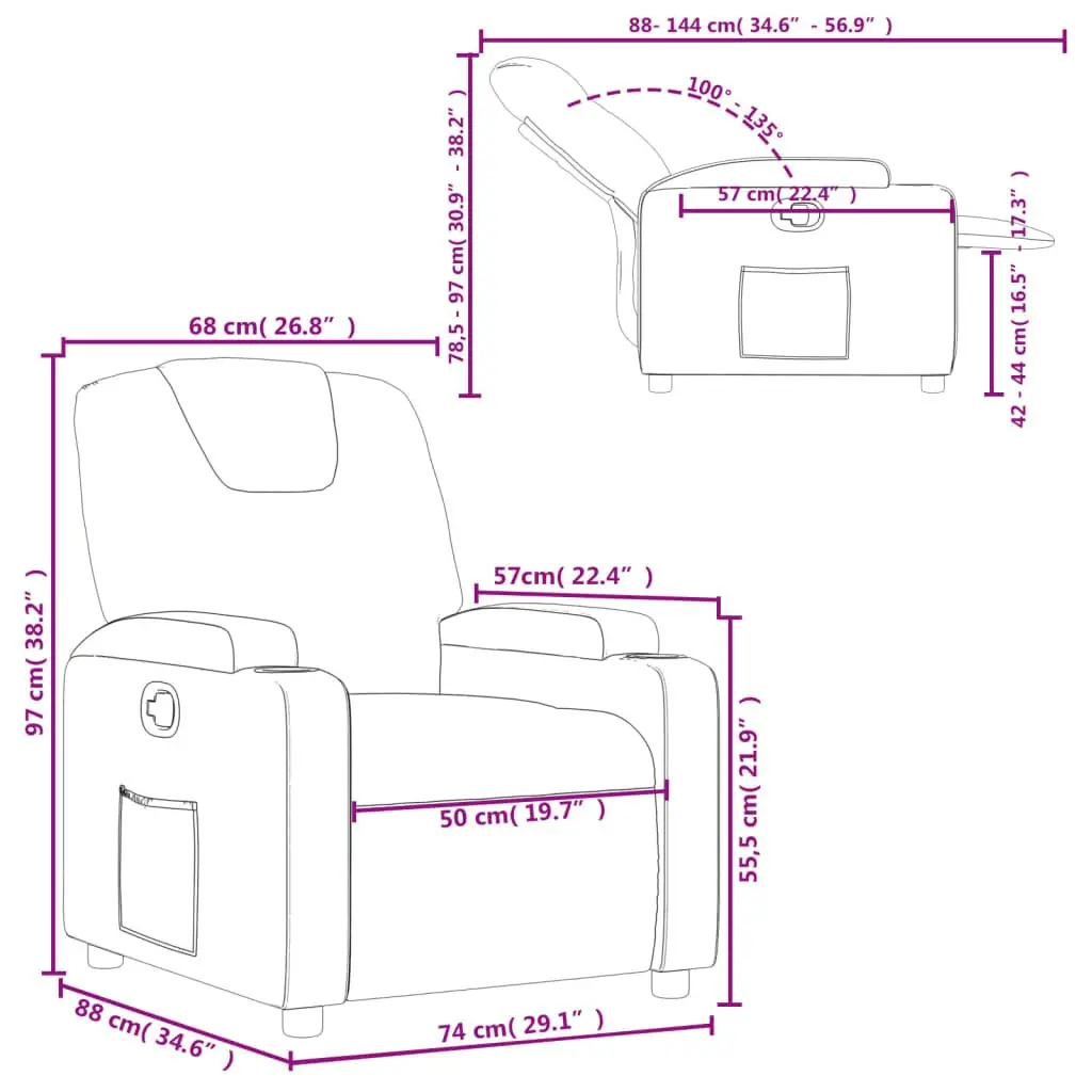 Recliner Chair Manual Reclining Armchair Adjustable Footrest Side Pocket Cup Holders Black
