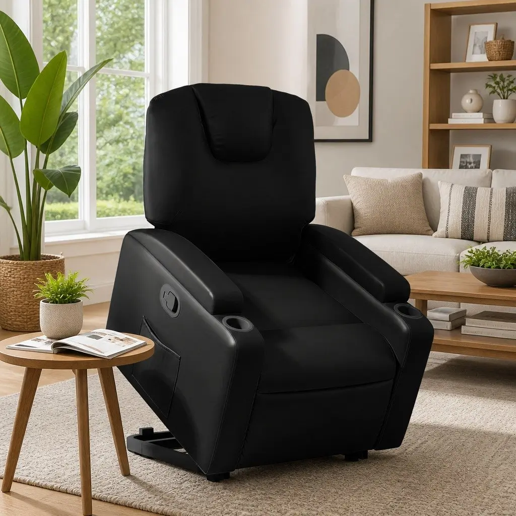 Electric Power Lift Recliner Chair Manual Recline Black Faux Leather