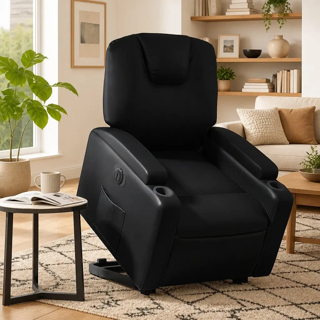Electric Recliner Chair Power Lift Black Faux Leather