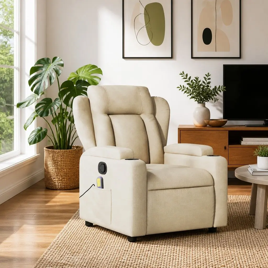 Massage Recliner Chair Manual Recline Vibration 6 Points Cream Fabric