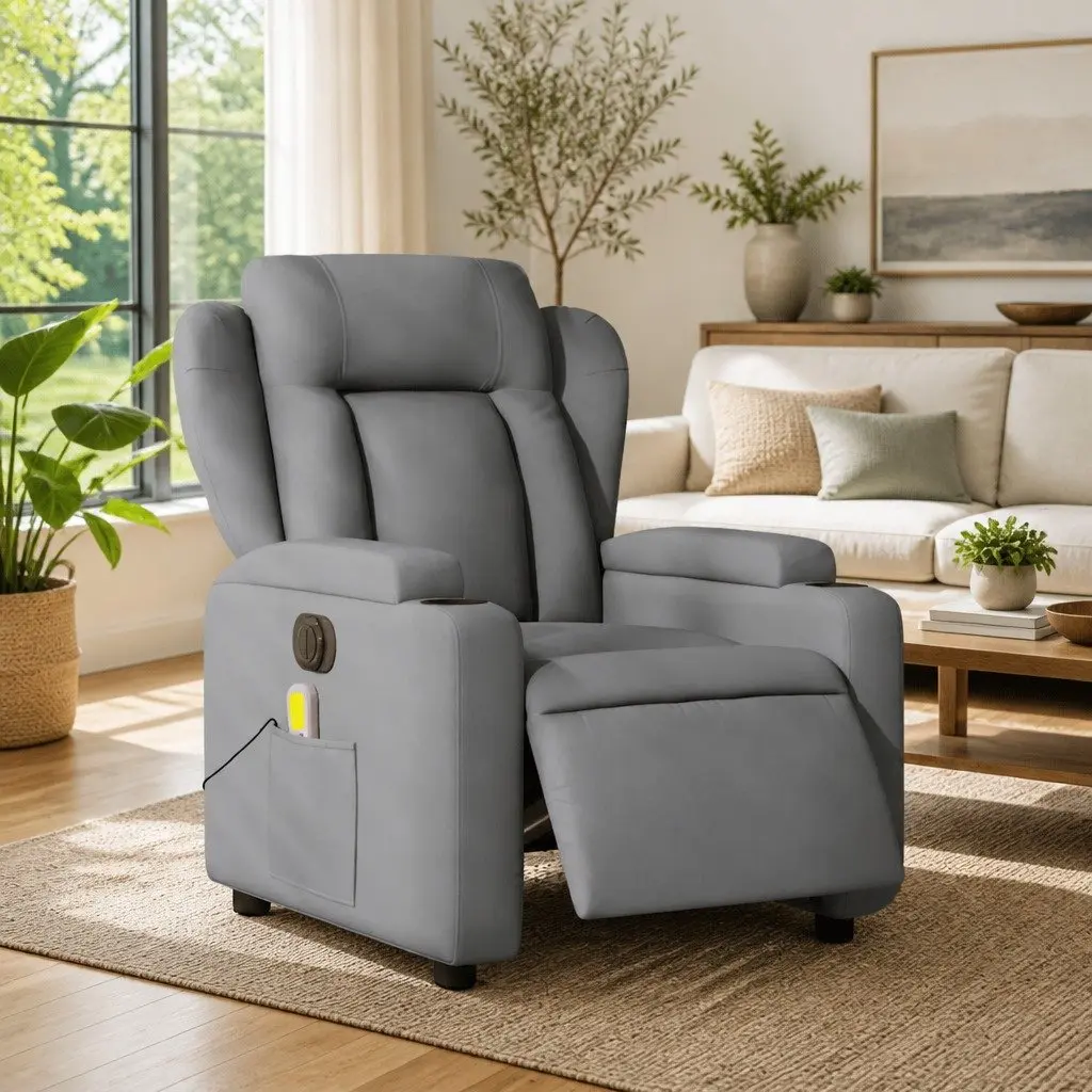 Electric Massage Recliner Chair Grey Fabric Armchair Adjustable Footrest