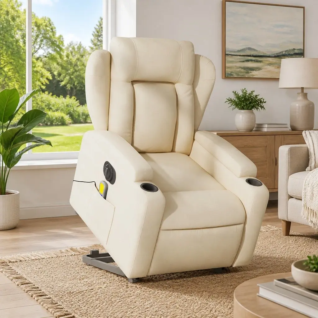 Electric Massage Recliner Chair Power Lift Recline Cream Fabric