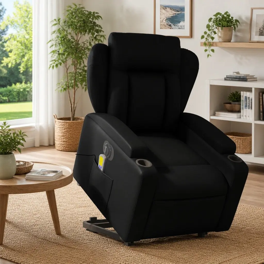 Electric Massage Recliner Chair Lift Function 135 Degrees Black Faux Leather
