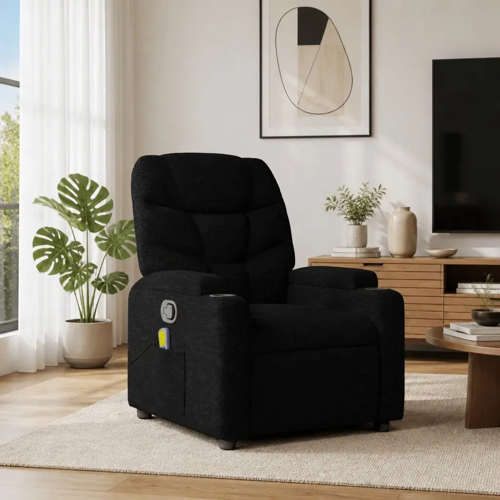 Recliner Chair Massage Manual Vibration Black Fabric Adjustable Armchair