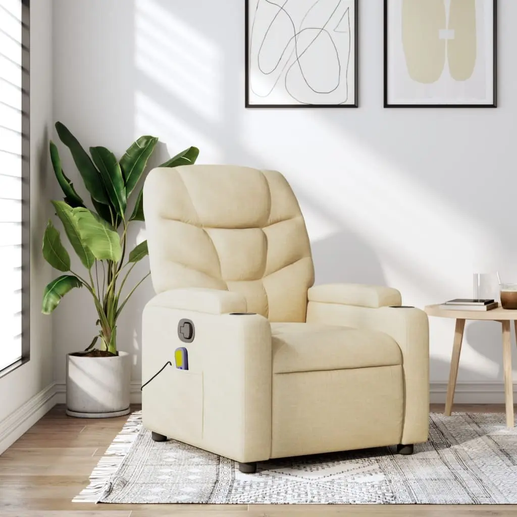 Massage Recliner Chair Cream Fabric Manual Recline Vibration 6 Points Armchair