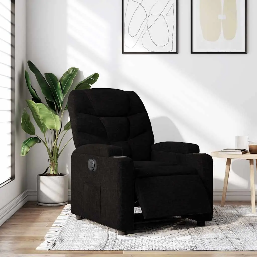 Electric Recliner Chair Black Fabric Armchair with Cup Holders Footrest