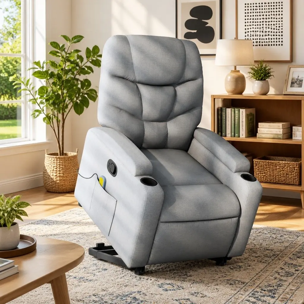 Electric Massage Recliner Chair Power Lift Grey Fabric Manual Reclining 135 Degrees
