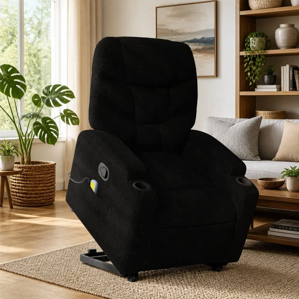 Stand Up Massage Recliner Chair Black Fabric Power Lift Electric Armchair