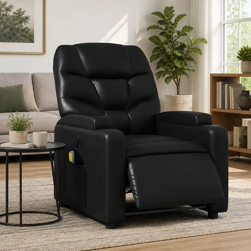 Electric Massage Recliner Chair Black Faux Leather Armchair with Cup Holders