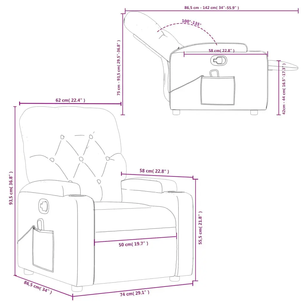 Massage Recliner Chair Vibration Grey Fabric Manual Recline 135 Degrees