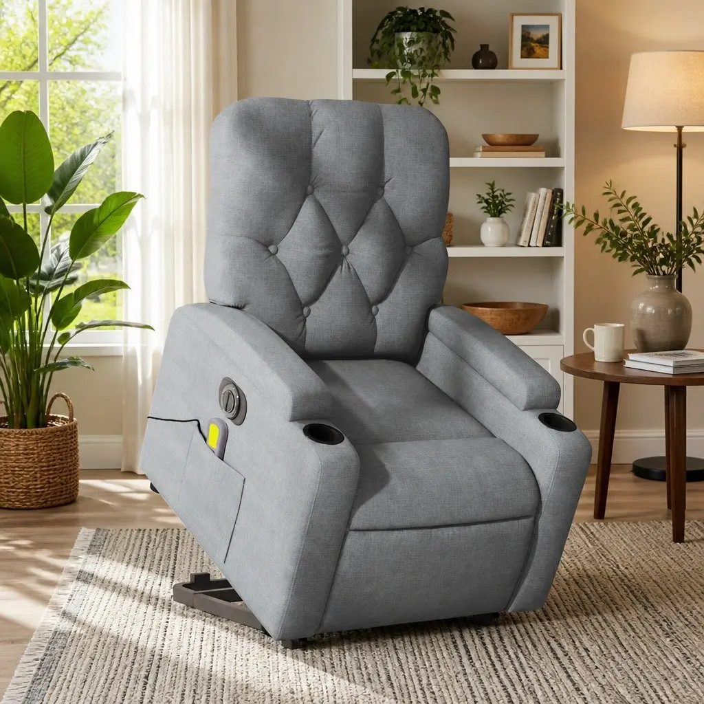 Electric Massage Recliner Chair Power Lift Adjustable Footrest 135 Degrees Grey Fabric