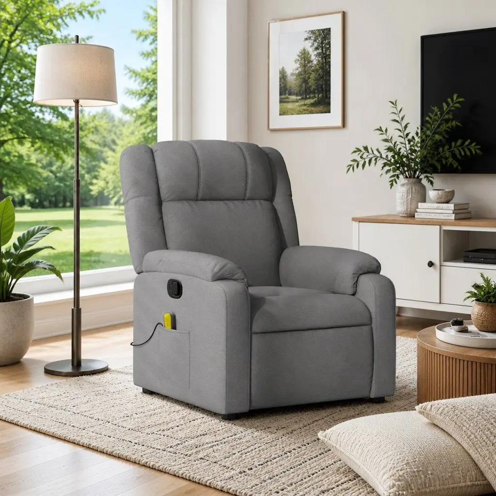 Massage Recliner Chair Grey Fabric Manual Recline Vibration Armchair Lounge