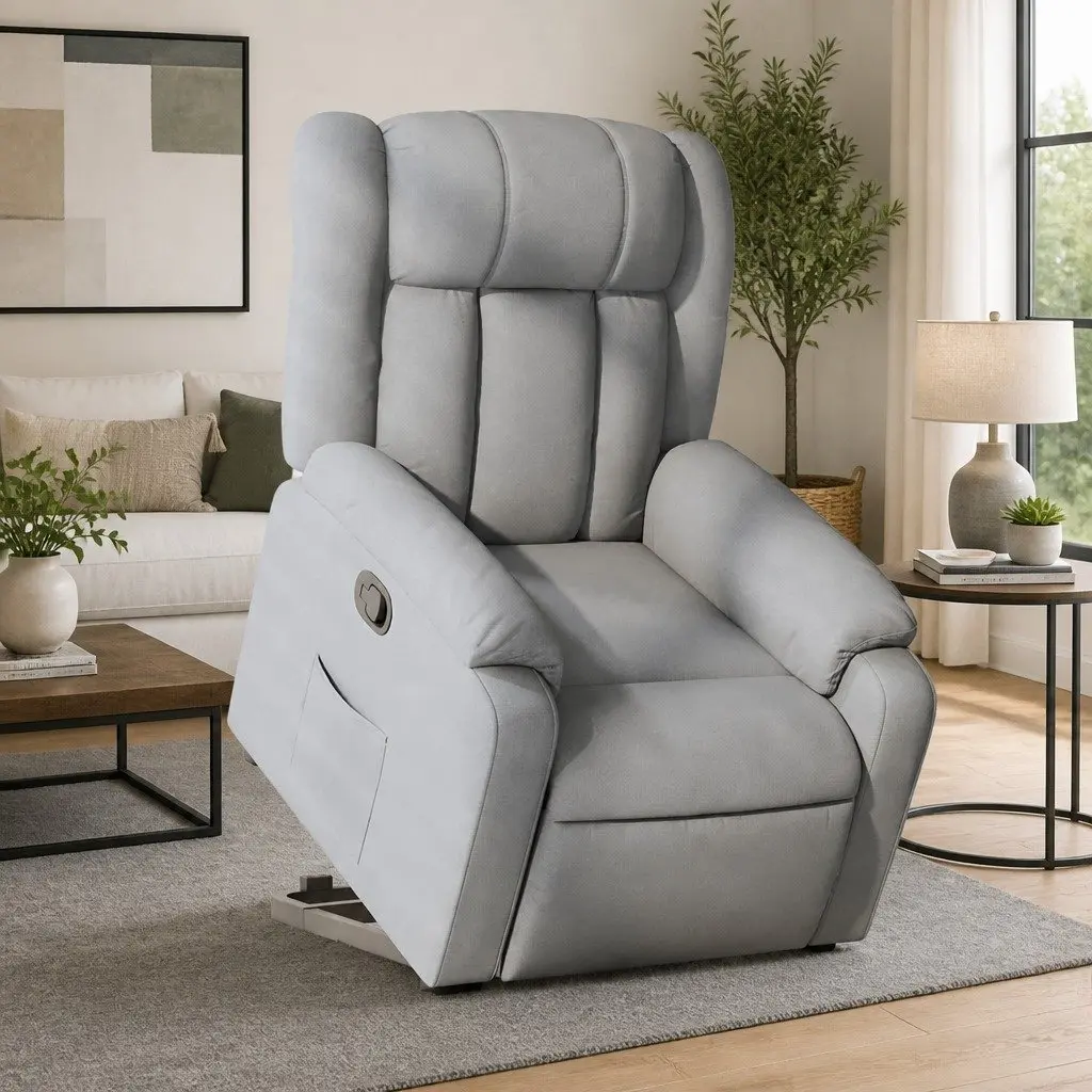 Electric Massage Recliner Chair Light Grey Fabric Stand Up Power Lift Manual