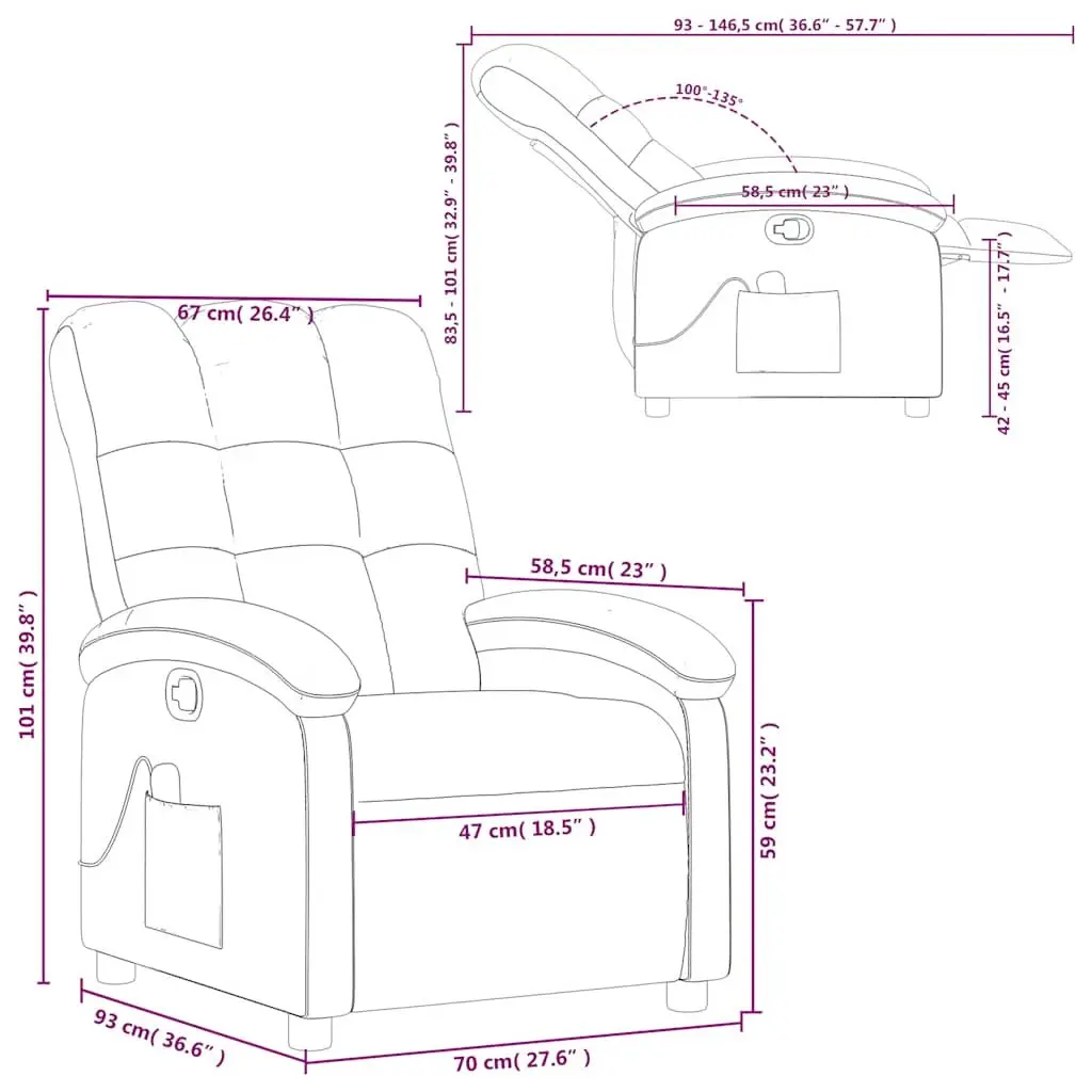 Recliner Chair Manual Massage 135 Degree Grey Fabric Vibration Relaxation