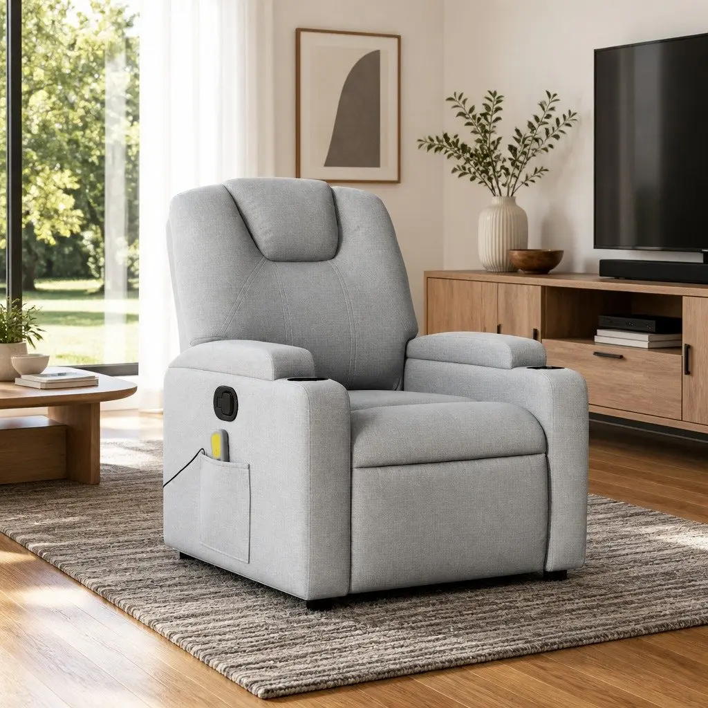 Massage Recliner Chair Manual Reclining Vibration 135 Degrees Grey Fabric