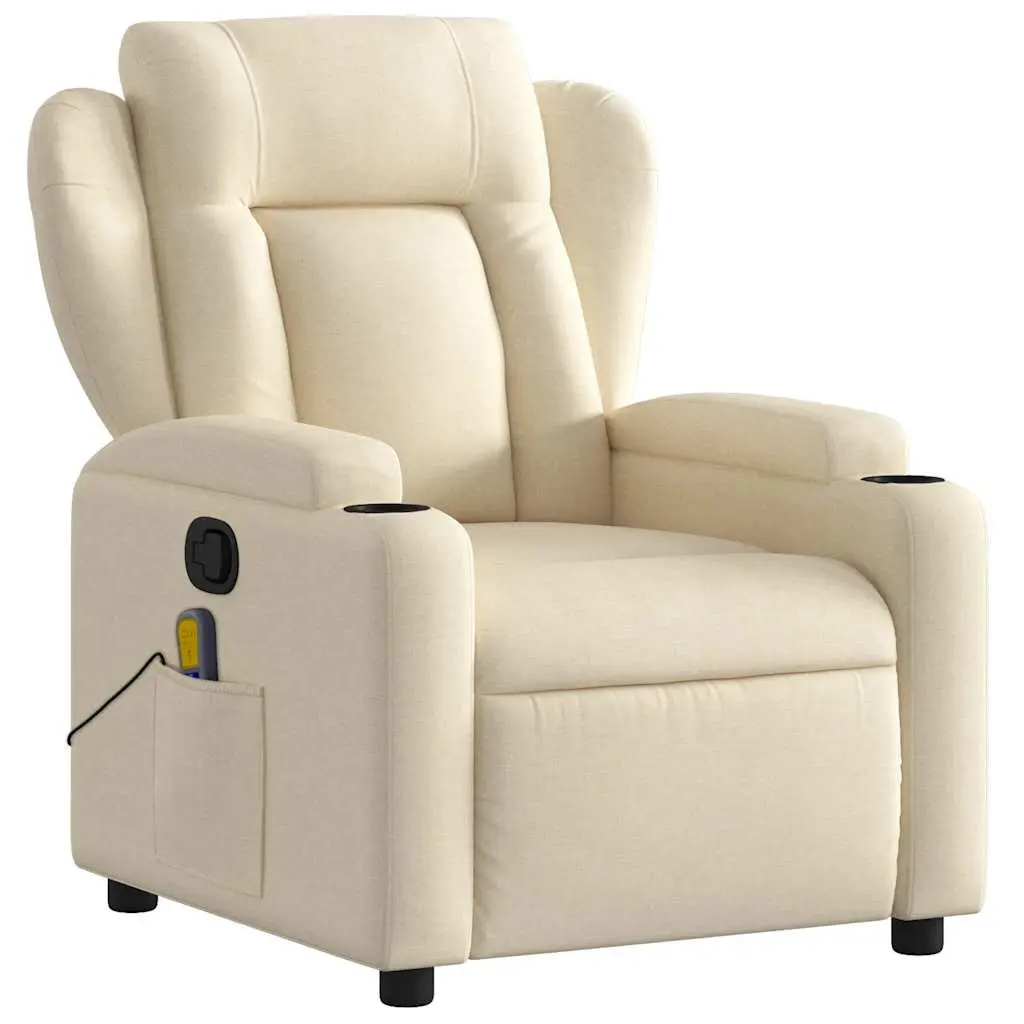 Massage Recliner Chair Cream Fabric Manual Recline Armchair Lounge with Cup