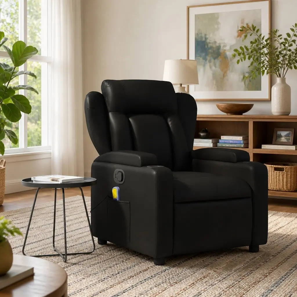 Massage Recliner Chair Manual Recline Vibration 135 Degrees Black Faux Leather