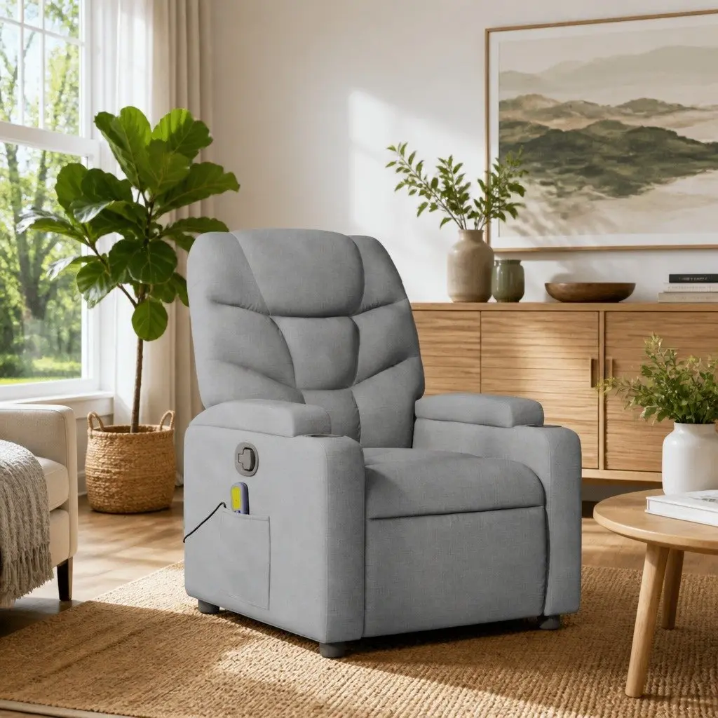 Recliner Chair Grey Fabric Manual Vibration Massage Armchair for Living Room Relaxation