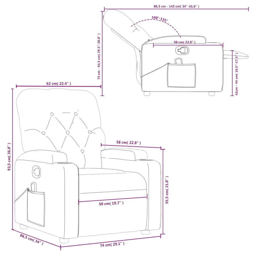 Massage Recliner Chair Manual Reclining Armchair 135 Degrees Grey Fabric