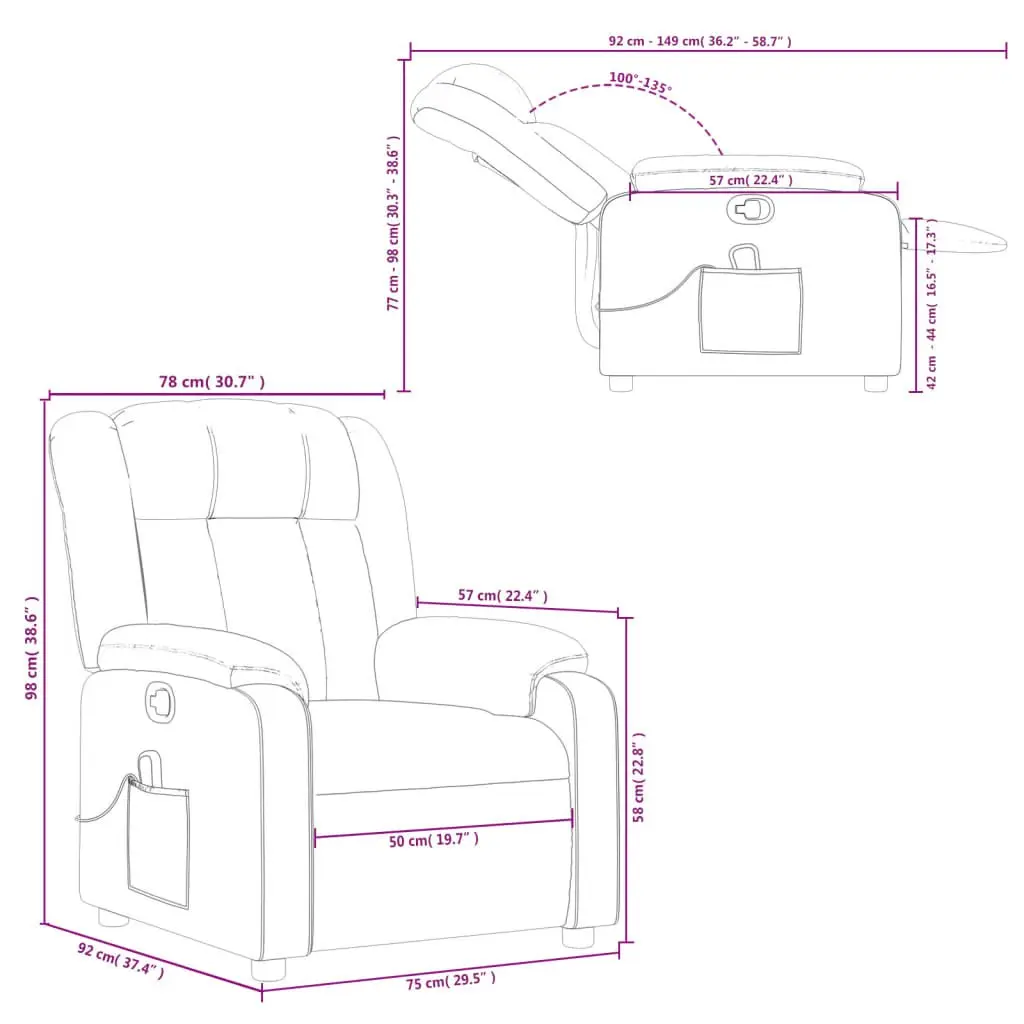 Massage Recliner Chair Manual Recline 135 Degrees Grey Fabric 6 Vibration Points