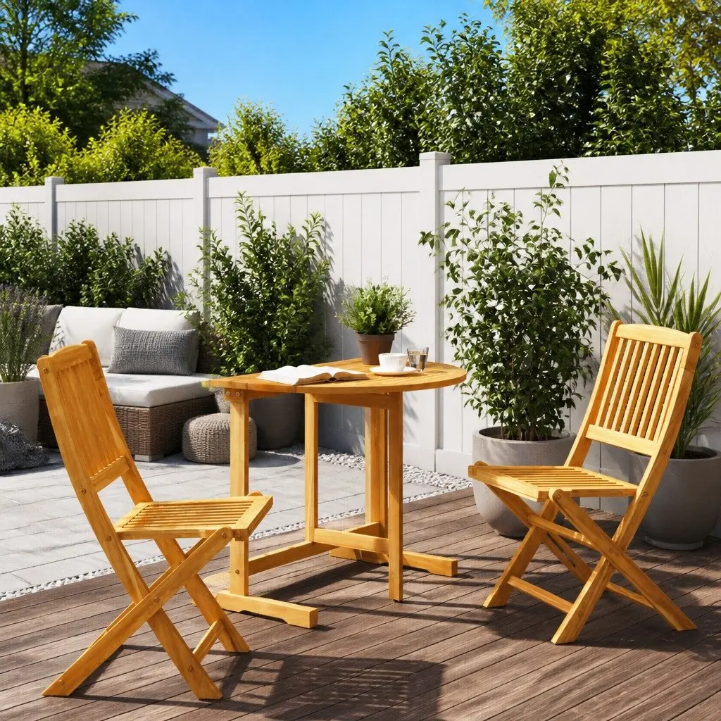 Folding Garden Dining Set 3 Piece Outdoor Bistro Table Chairs Brown Solid Wood
