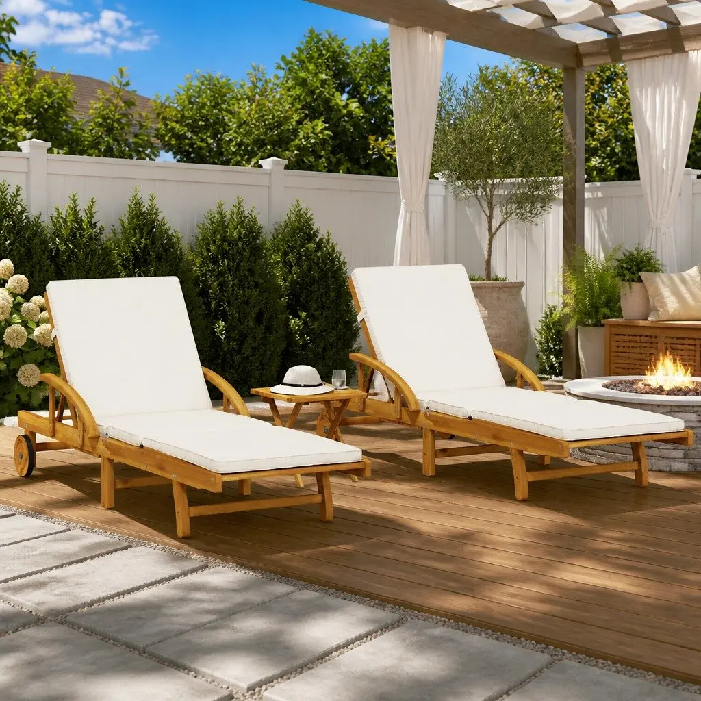Sun Loungers Set 2 pcs Reclining Outdoor Solid Wood Acacia Brown with Pull Out Table
