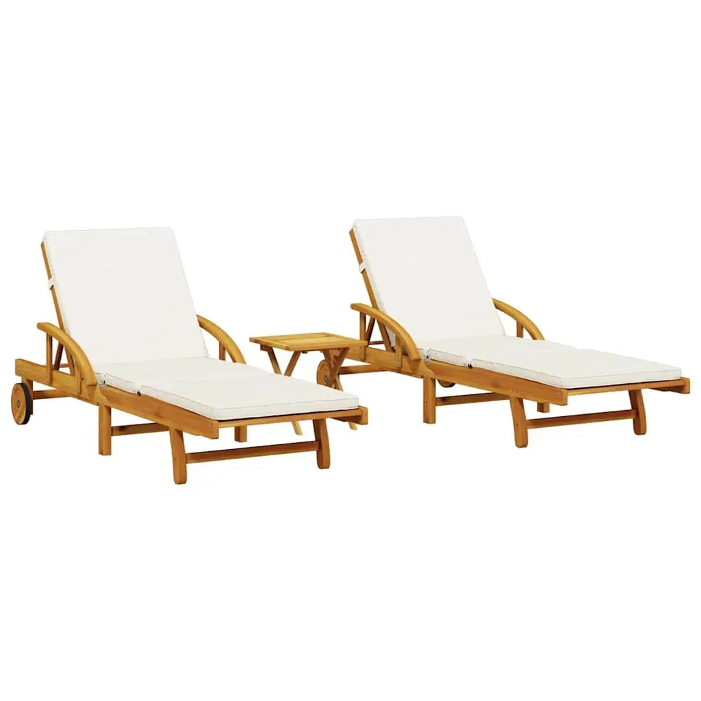 Sun Loungers Set 2 pcs Reclining Outdoor Solid Wood Acacia Brown with Pull Out Table
