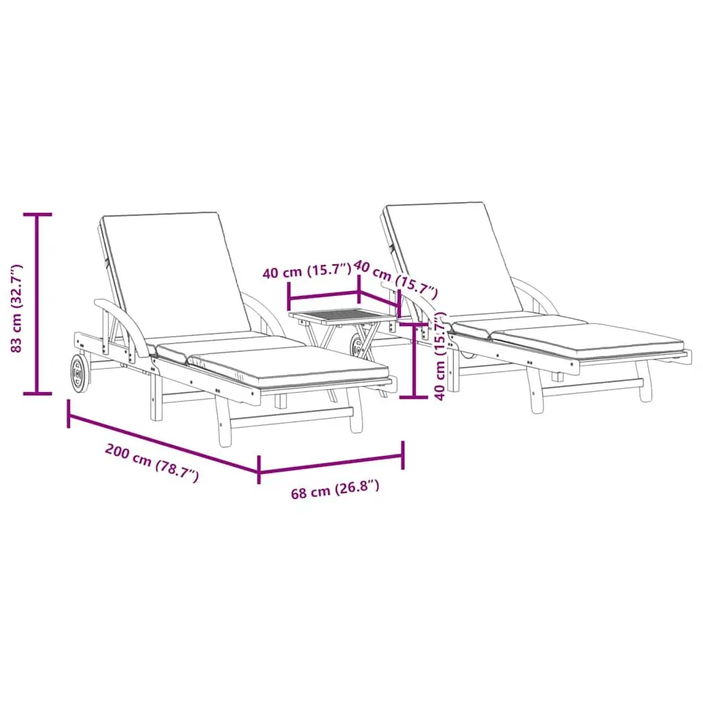 Sun Loungers Set 2 pcs Reclining Outdoor Solid Wood Acacia Brown with Pull Out Table