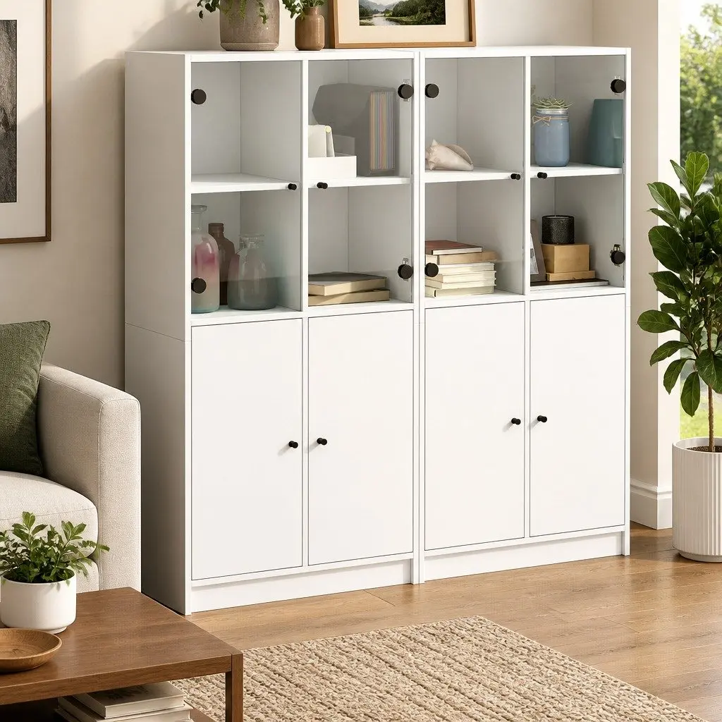 White Bookcase with Doors Storage Cabinet Engineered Wood Shelving Unit
