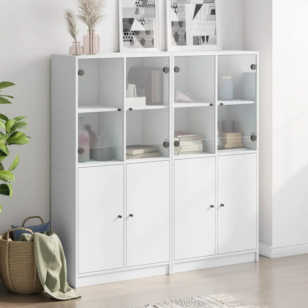 White Bookcase with Doors Storage Cabinet Engineered Wood Shelving Unit