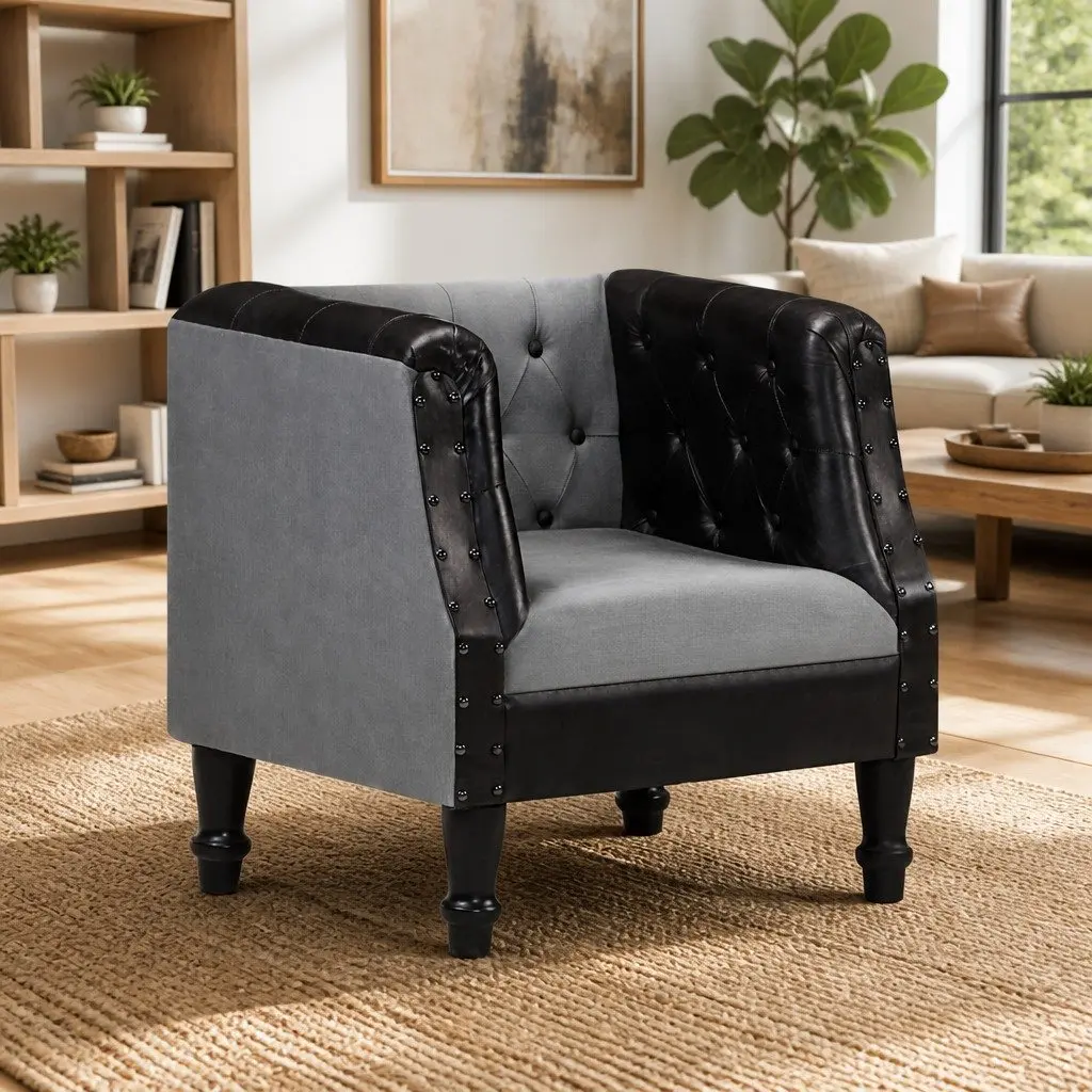 Tub Chair Black Leather Padded Seat Solid Mango Wood Legs Curved Armrest