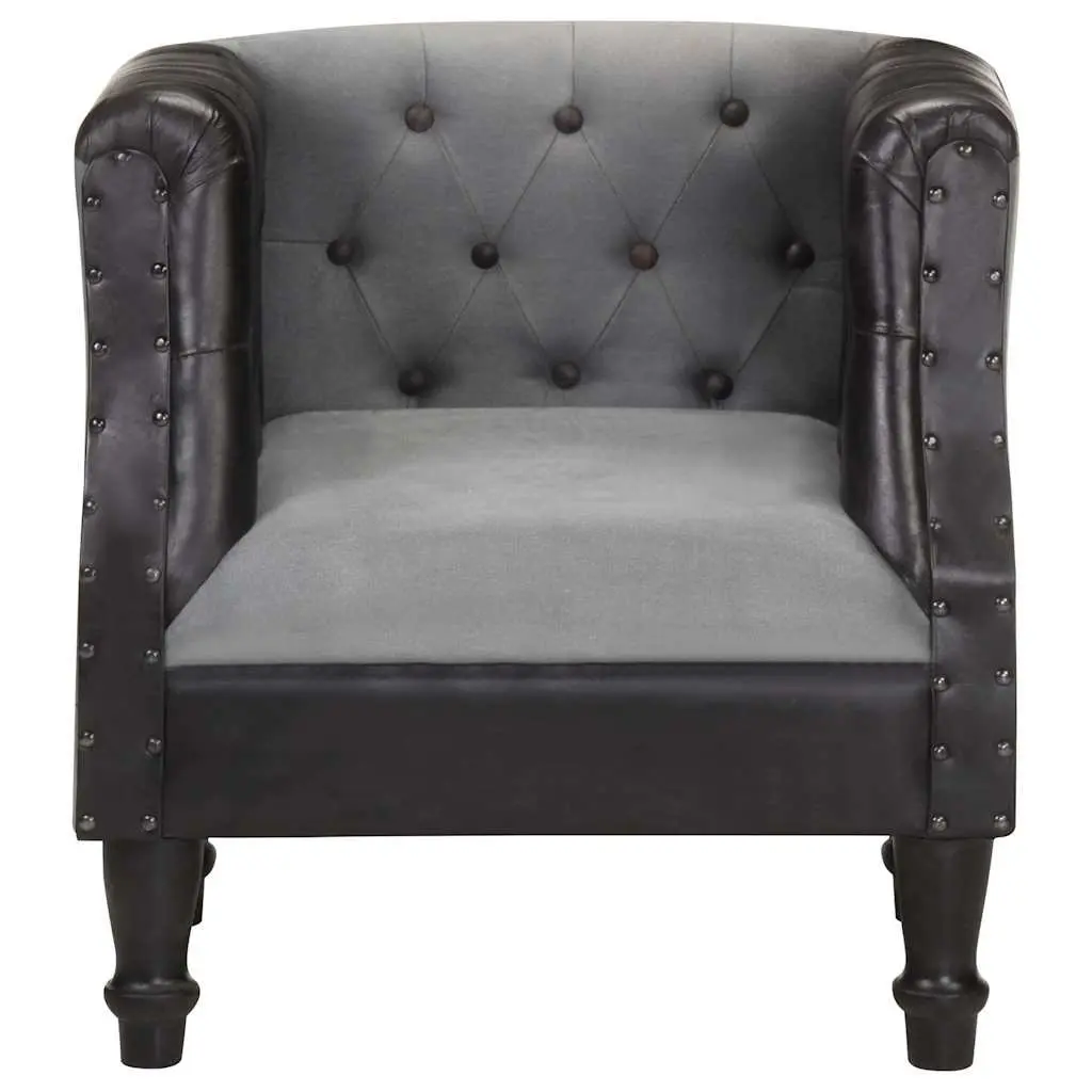 Tub Chair Black Leather Padded Seat Solid Mango Wood Legs Curved Armrest