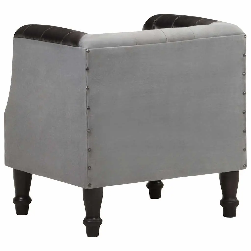 Tub Chair Black Leather Padded Seat Solid Mango Wood Legs Curved Armrest