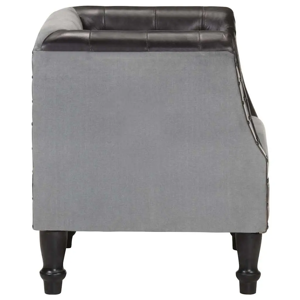 Tub Chair Black Leather Padded Seat Solid Mango Wood Legs Curved Armrest