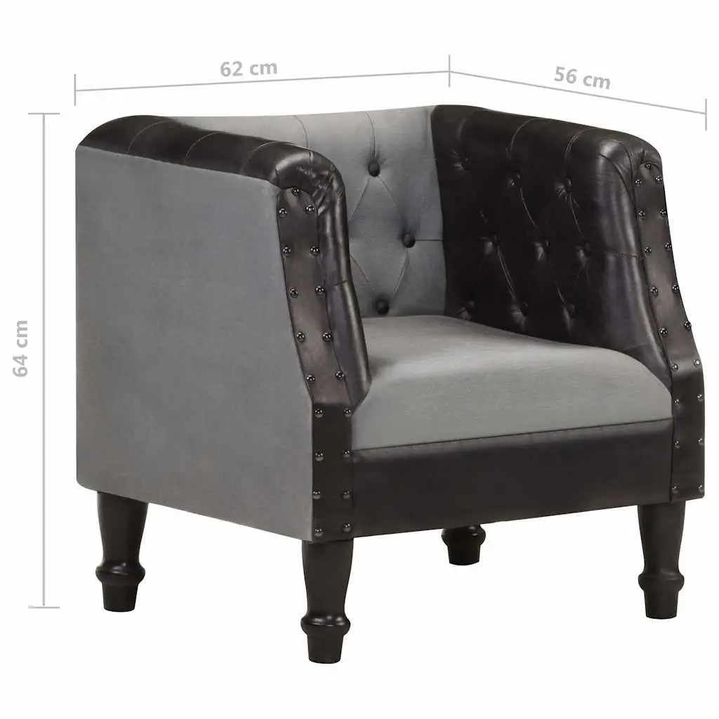 Tub Chair Black Leather Padded Seat Solid Mango Wood Legs Curved Armrest