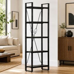 Sturdy 5-Tier Black Bookcase with Wood Shelves