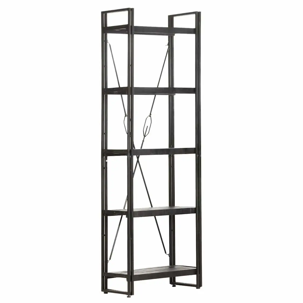 5-Tier Bookcase Storage Display Black Industrial Shelving Unit Solid Mango Wood