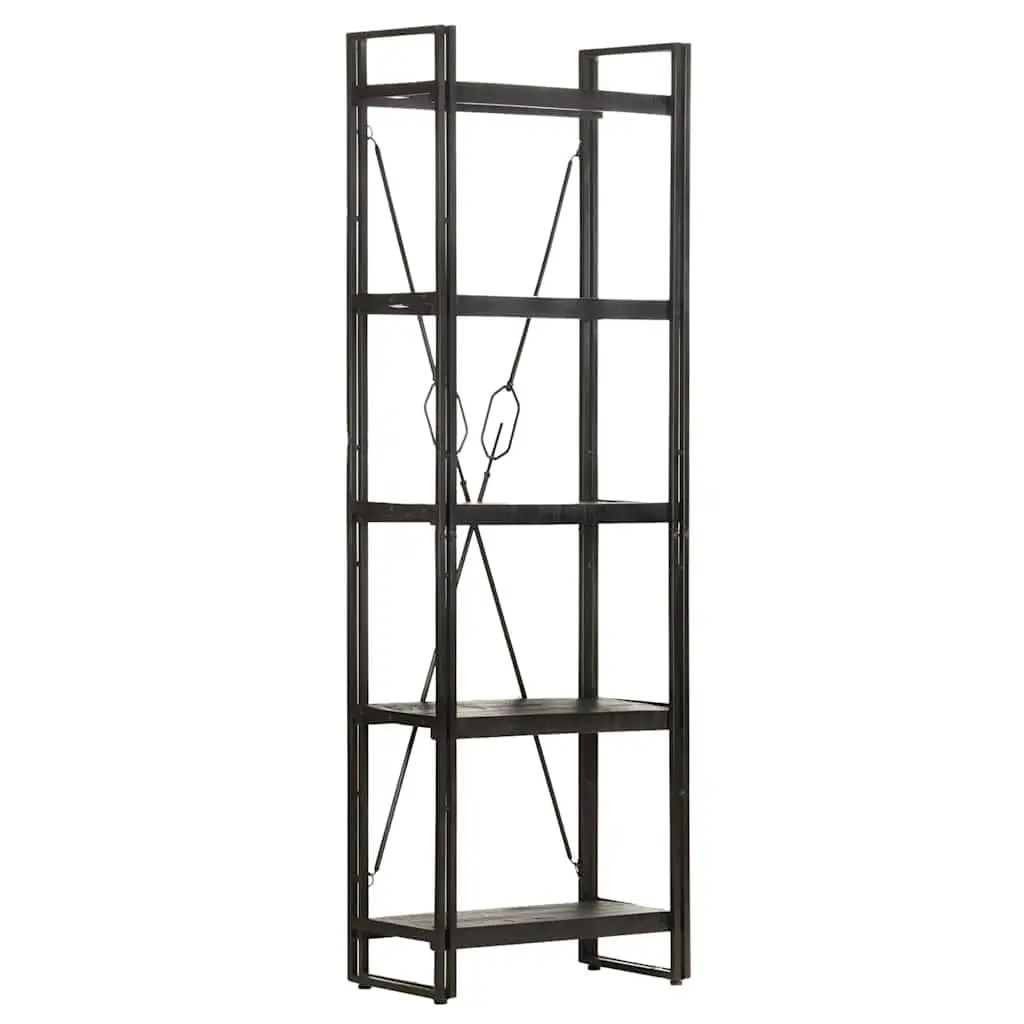 5-Tier Bookcase Storage Display Black Industrial Shelving Unit Solid Mango Wood