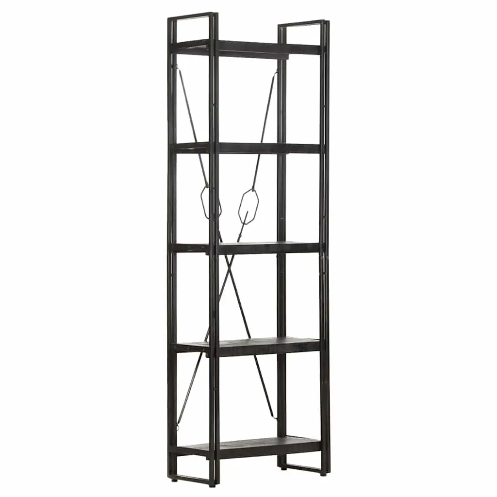5-Tier Bookcase Storage Display Black Industrial Shelving Unit Solid Mango Wood