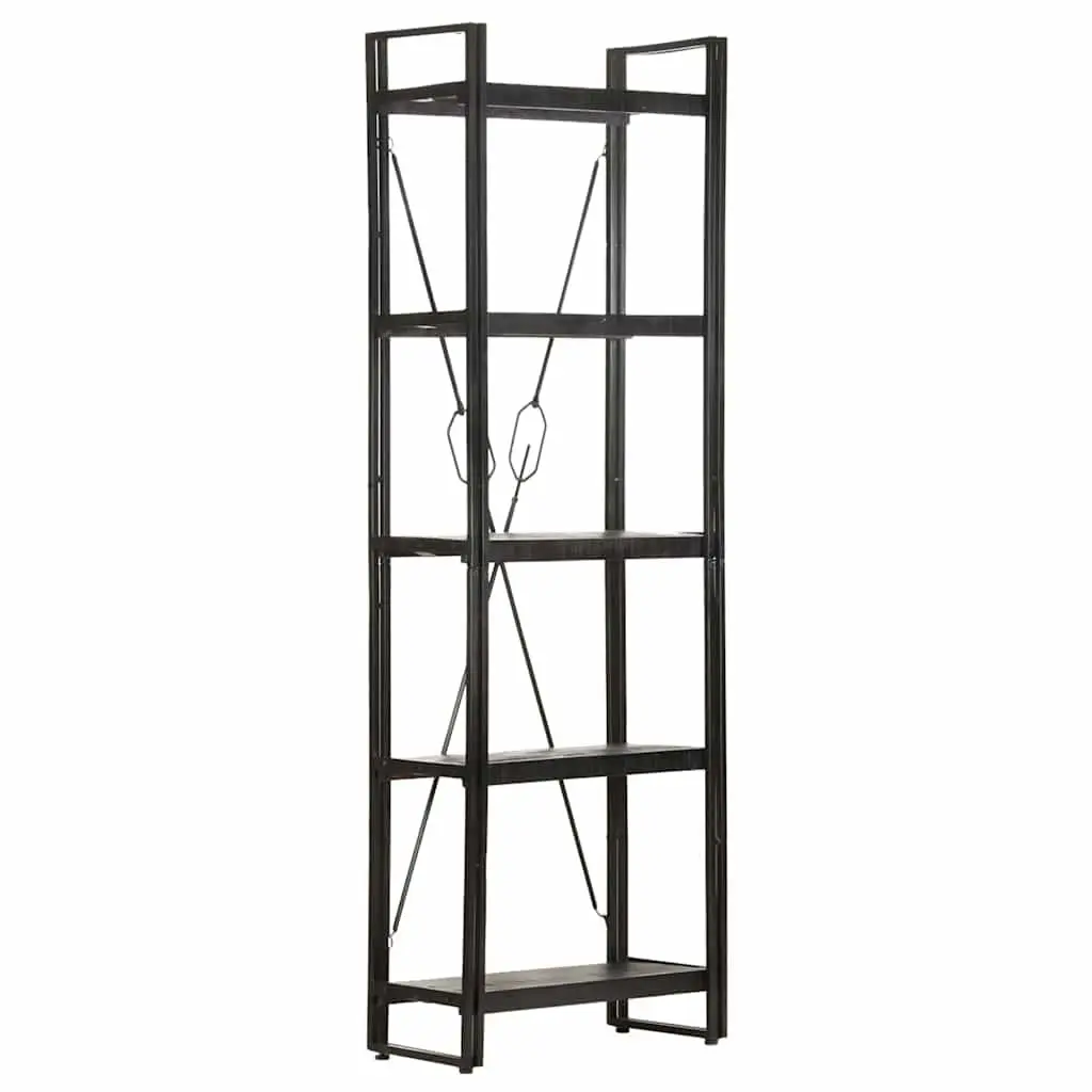 5-Tier Bookcase Storage Display Black Industrial Shelving Unit Solid Mango Wood
