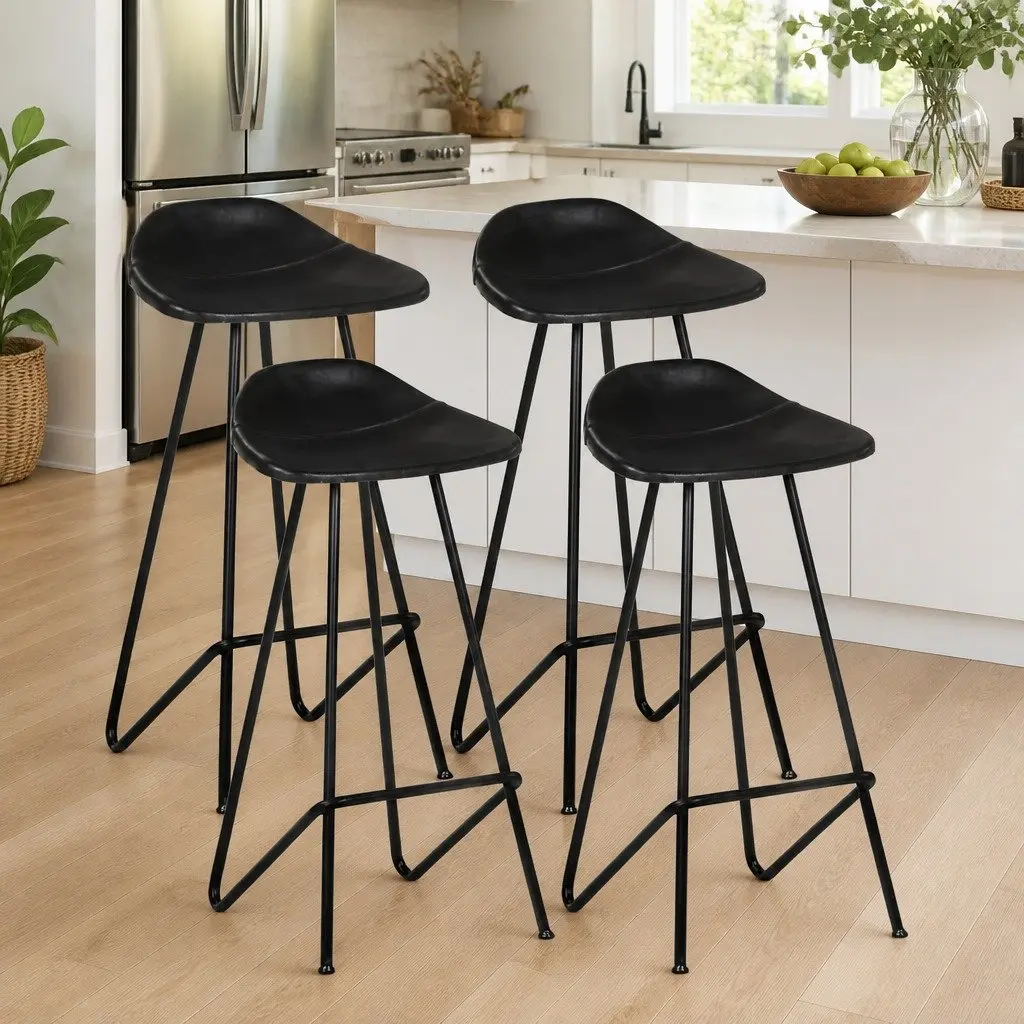 Bar Stools Industrial Style Dining Kitchen Chairs Black Leather Seats Set of 4