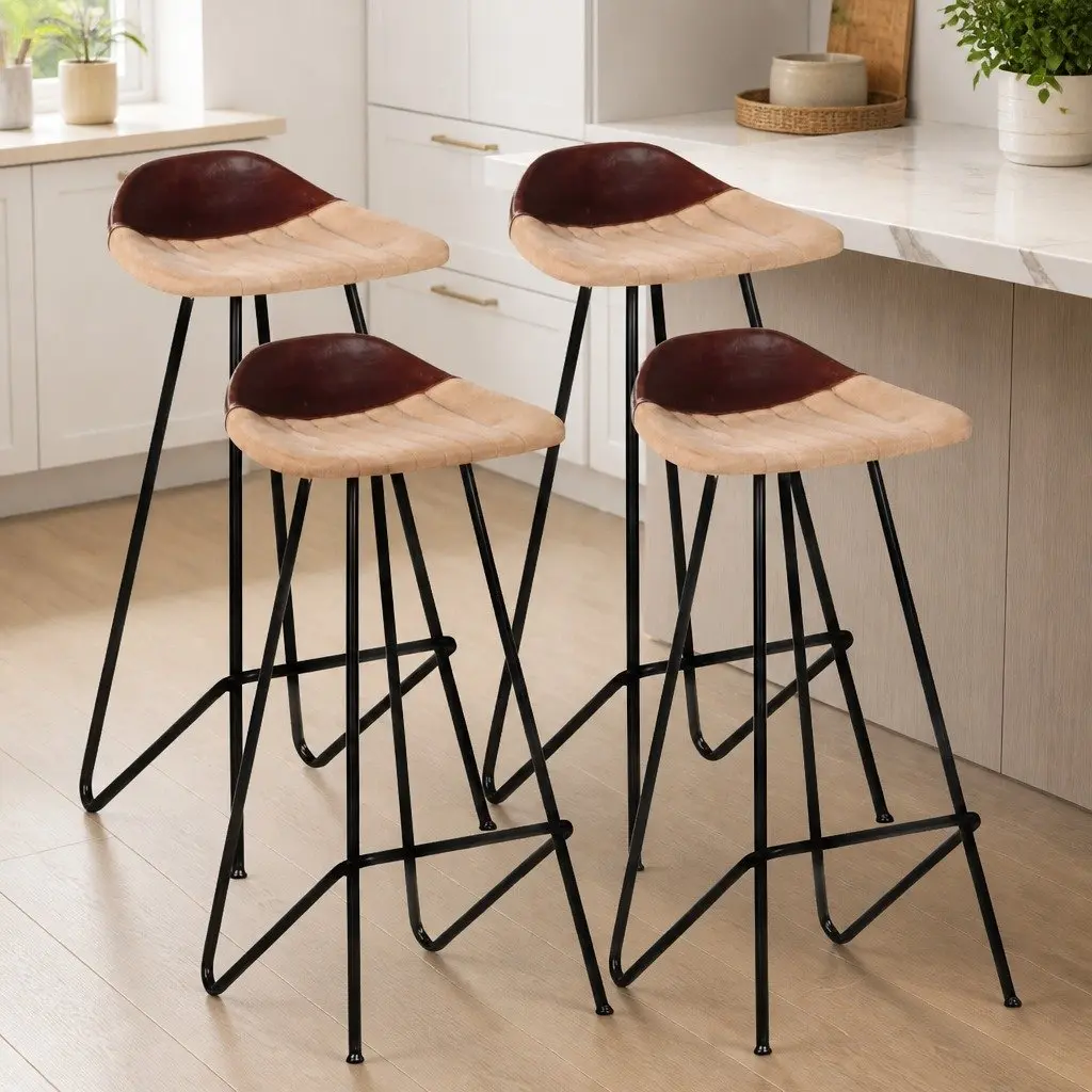 Bar Stools Industrial Style Dining Kitchen Chair Set 4 Pieces Brown Leather Seat