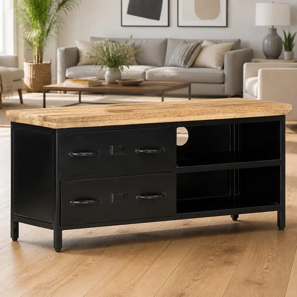 TV Cabinet Industrial Storage Unit 90x30x41 cm Rough Mango Wood Black